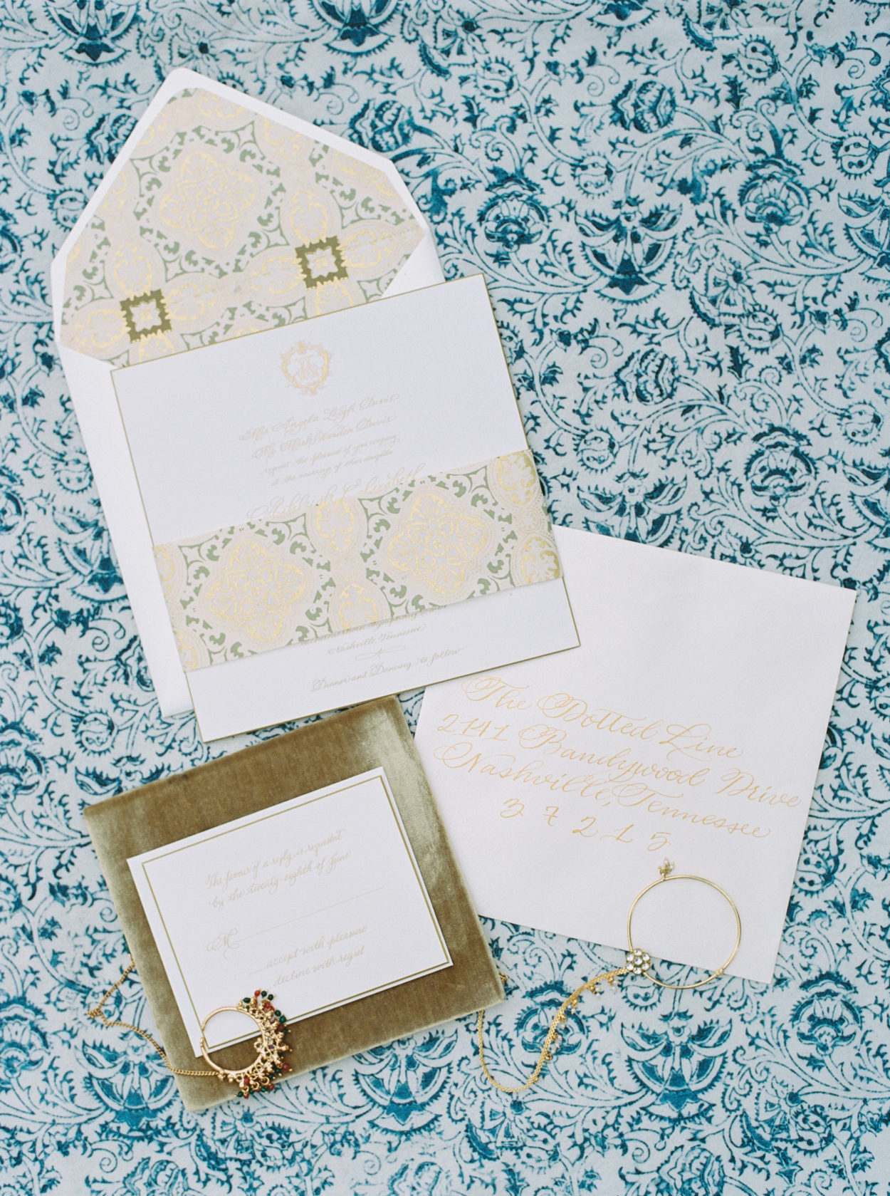 Modern blue and gold wedding stationary by The Dotted Line
