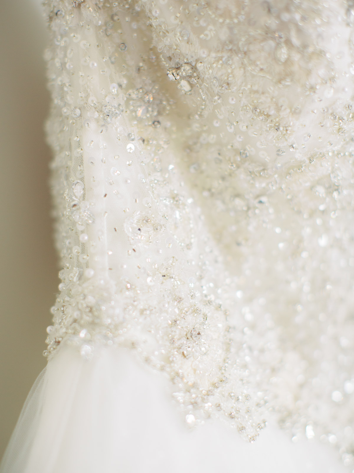 Close up of beaded strapless classic wedding gown