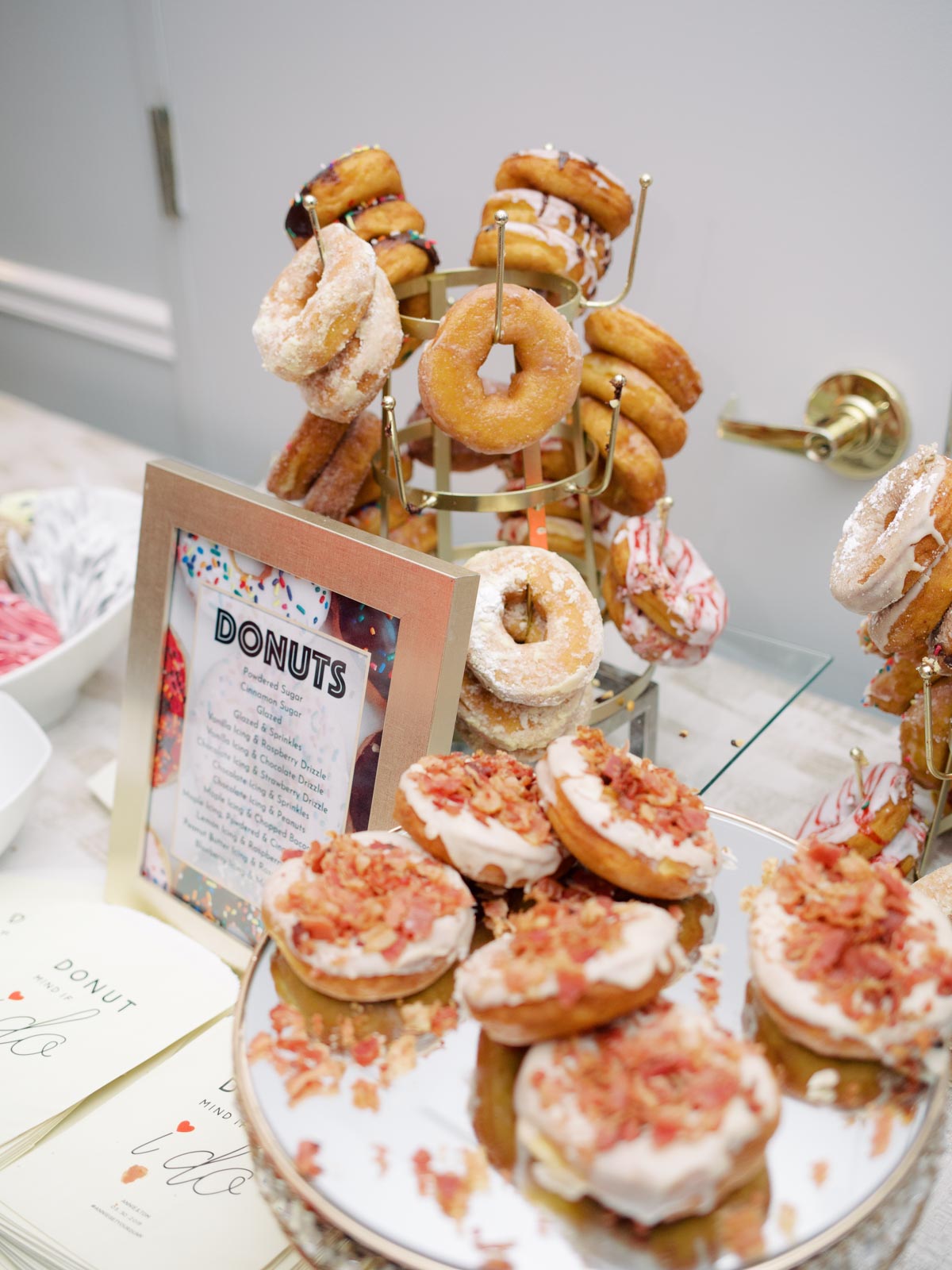 Donut dessert bar at wedding reception in Arlington