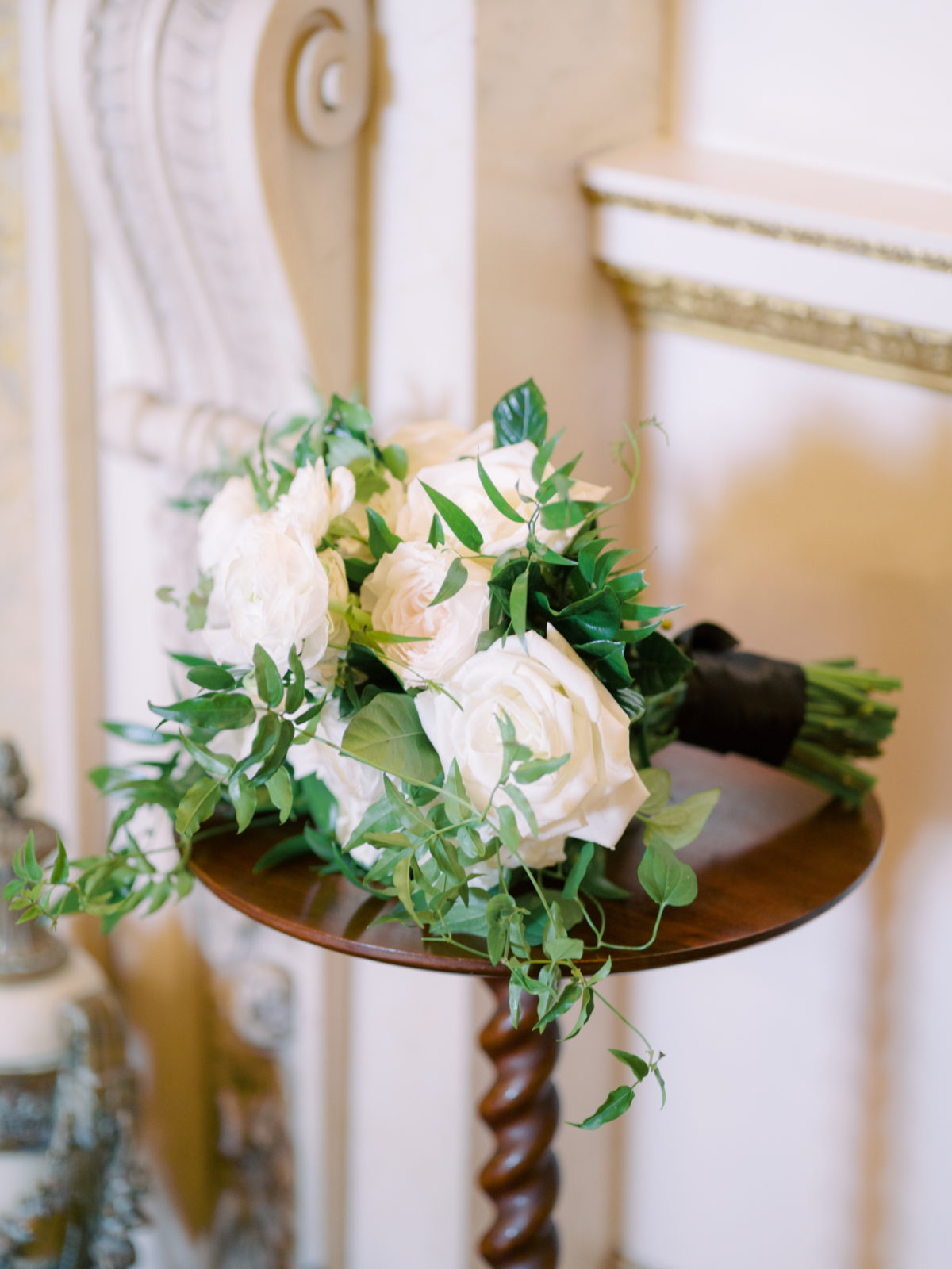 White roses and smilax wedding bouquet for luxury DC wedding at Anderson House.