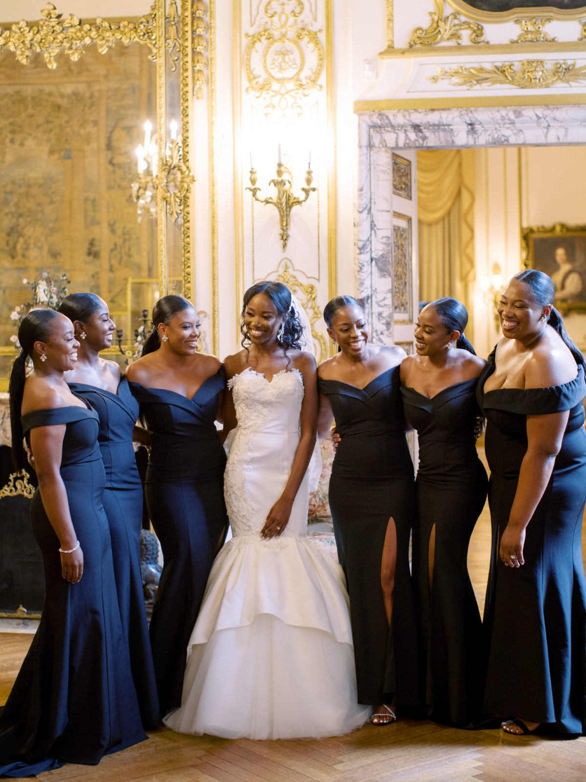 Bridesmaids pose for portraits inside Larz Anderson House in Washington, DC.