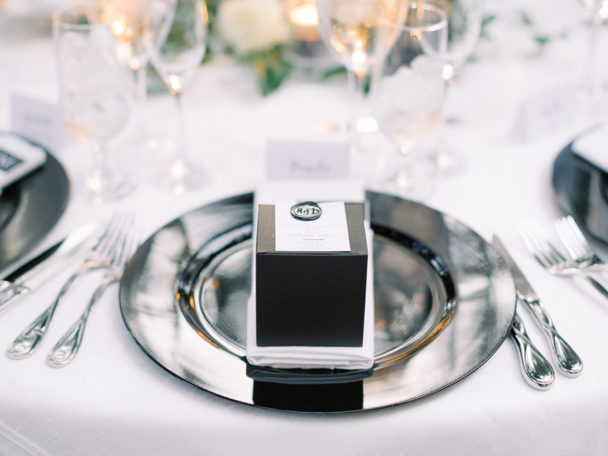 Black tie place setting at Anderson House wedding reception in D.C.