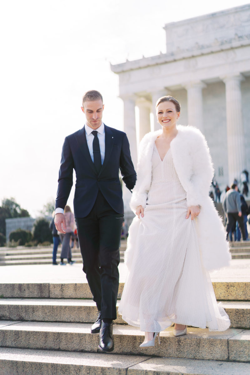 Winter wedding portraits at the Lincoln Memorial in Washington, DC.