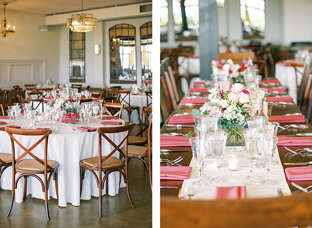 Vibrant pink summer Stone Tower Winery wedding reception in Leesburg.