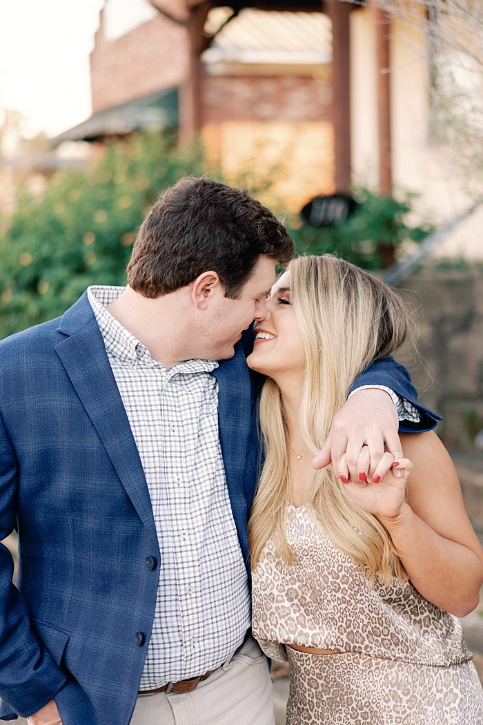 Warm sunset engagement session in downtown Raymond, Mississippi.
