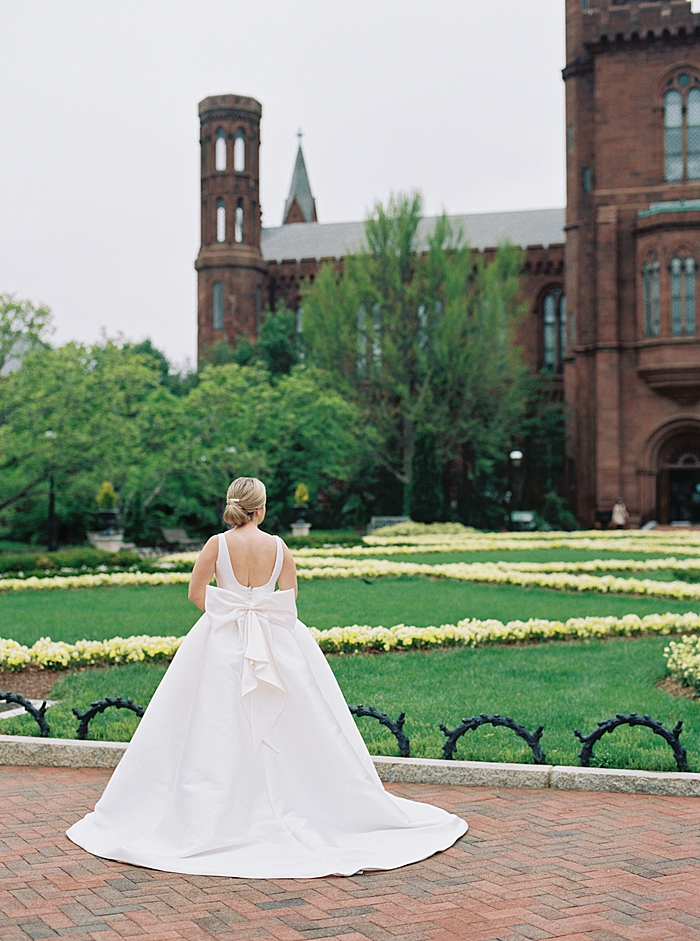 Modern Trousseau wedding gown at Moongate Garden bridal session in Washington, DC.