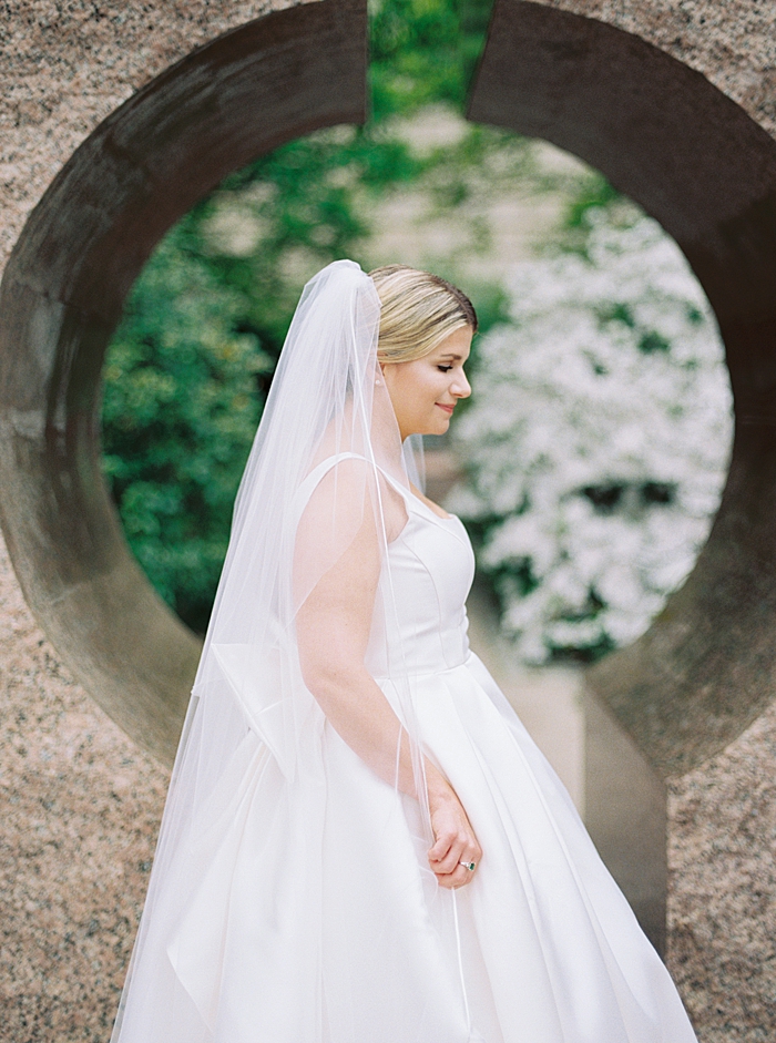 Modern Trousseau wedding gown at Moongate Garden bridal session in Washington, DC.