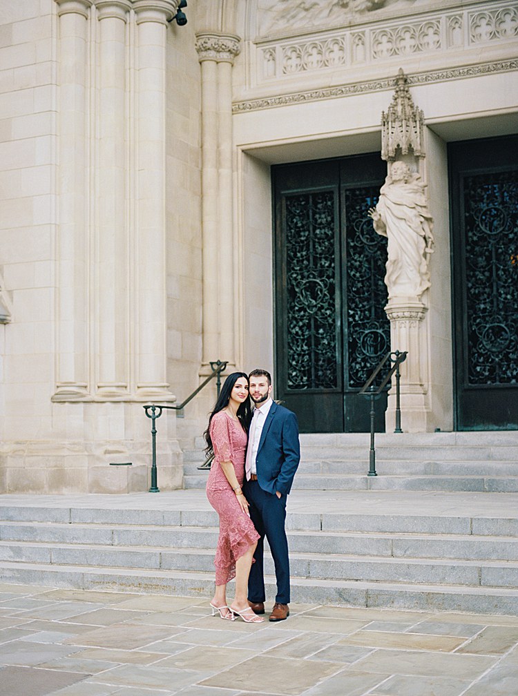 Yasmeen and Robby's spring Bishop's Garden engagement session at the Washington National Cathedral in Washington, DC.